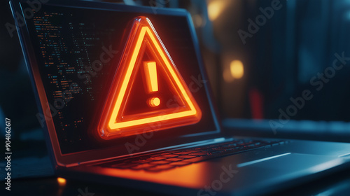  System hacked or mass tech outages worldwide causing IT systems to shut down due to system error of software with error triangle and exclamation mark on laptop photo