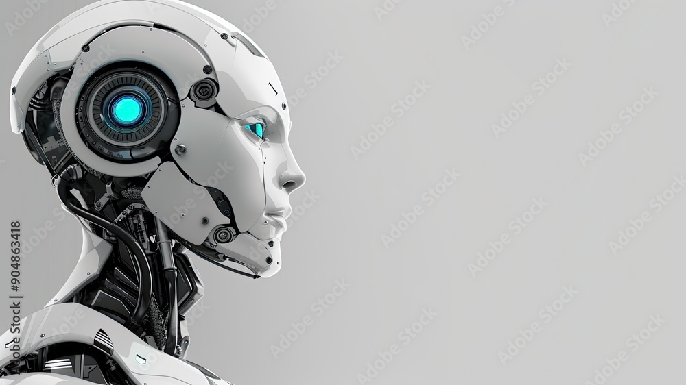 Striking portrait of an AI robot inside view with blue eyes against a white empty background. Copy space highlights future technology and the vision of a future world. Striking portrait of an AI robot inside view with blue eyes against a white empty background. Copy space highlights future technology and the vision of a future world.