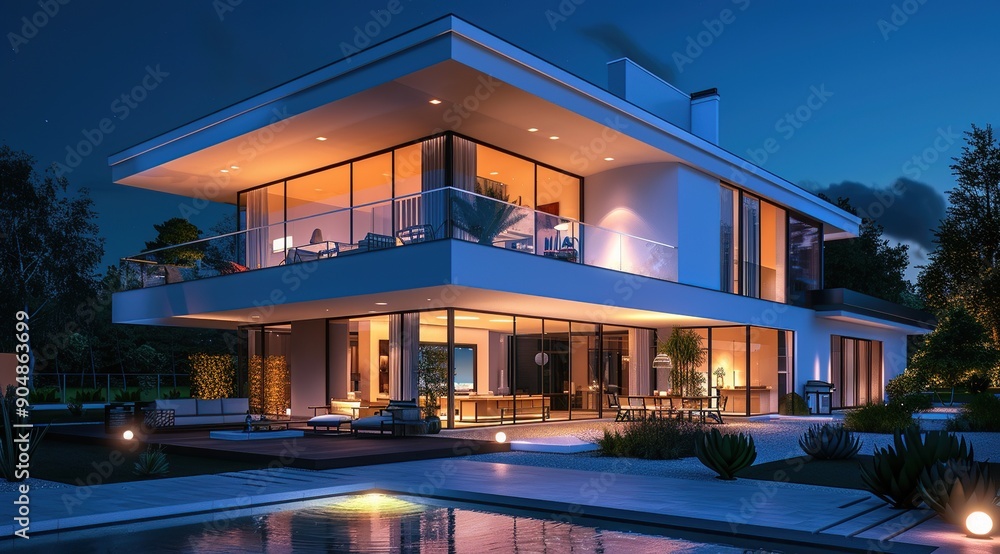 Fototapeta premium Modern Home with a Pool and Patio at Dusk
