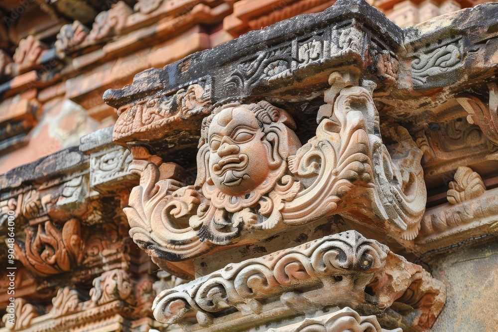 Detailed ornate carving on the side of a historical building, Focus on the ornate carvings and decorations found on ancient temples Detailed ornate carving on the side of a historical building, Focus on the ornate carvings and decorations found on ancient temples