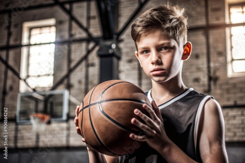 Young basketball player with classic ball. Basket in background. Junior level basketball player holding game ball