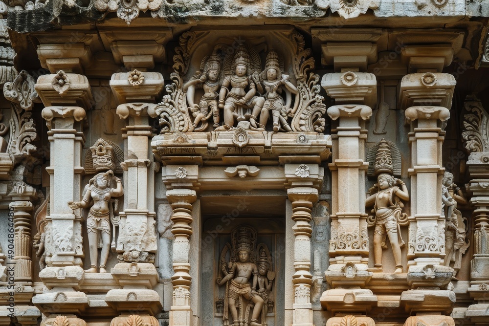 A temple adorned with numerous statues and detailed carvings, Focus on the ornate carvings and decorations found on ancient temples A temple adorned with numerous statues and detailed carvings, Focus on the ornate carvings and decorations found on ancient temples