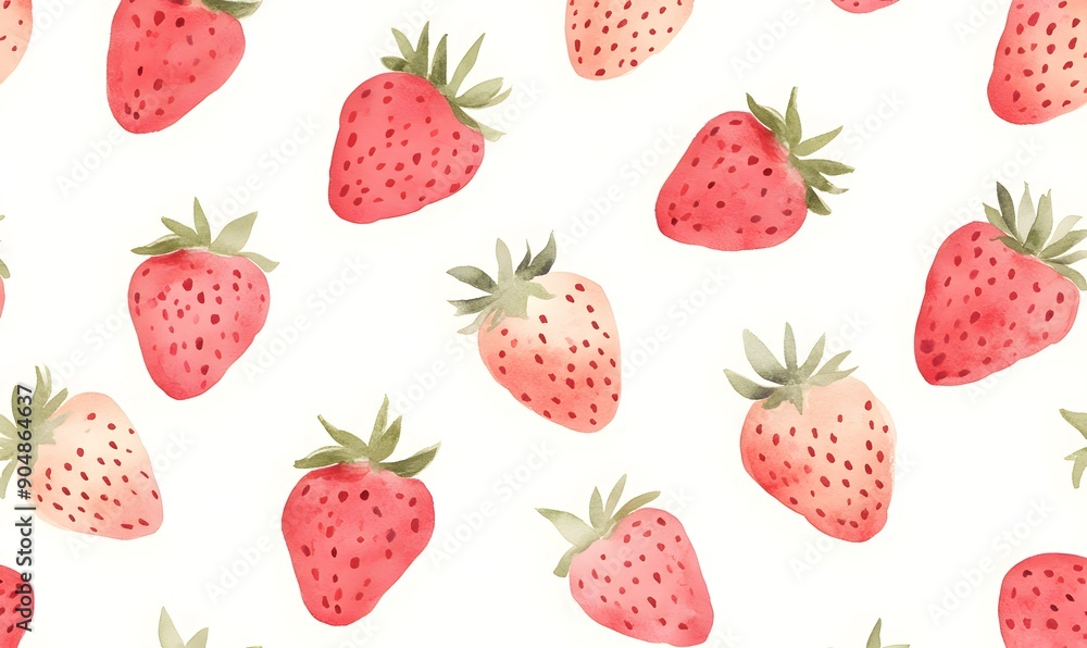 Seamless Pattern of simple small red strawberries and green lelf in Watercolor texture background , Generative AI Seamless Pattern of simple small red strawberries and green lelf in Watercolor texture background , Generative AI