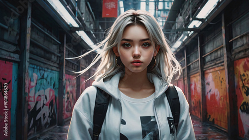 Beautiful japanese young girl waiting train in metro. Anime style art design