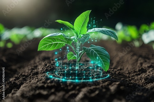 A vibrant green plant emerging from rich soil, surrounded by glowing digital elements symbolizing growth and innovation. photo