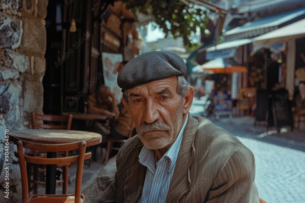 Man wearing hat at table Man wearing hat at table