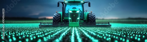 Futuristic tractor illuminated at night, working on a vibrant field with glowing crops, showcasing modern agriculture technology. photo