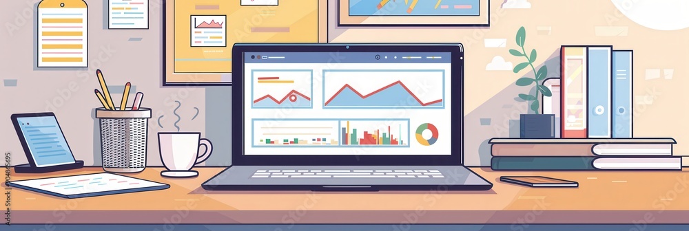 A stylish home office features a laptop displaying financial data, surrounded by a smartphone, coffee, and documents with charts and graphs. Generative AI A stylish home office features a laptop displaying financial data, surrounded by a smartphone, coffee, and documents with charts and graphs. Generative AI