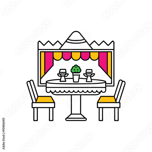 Mexican Restaurant with Enchiladas, Colorful Vector Line art Illustration