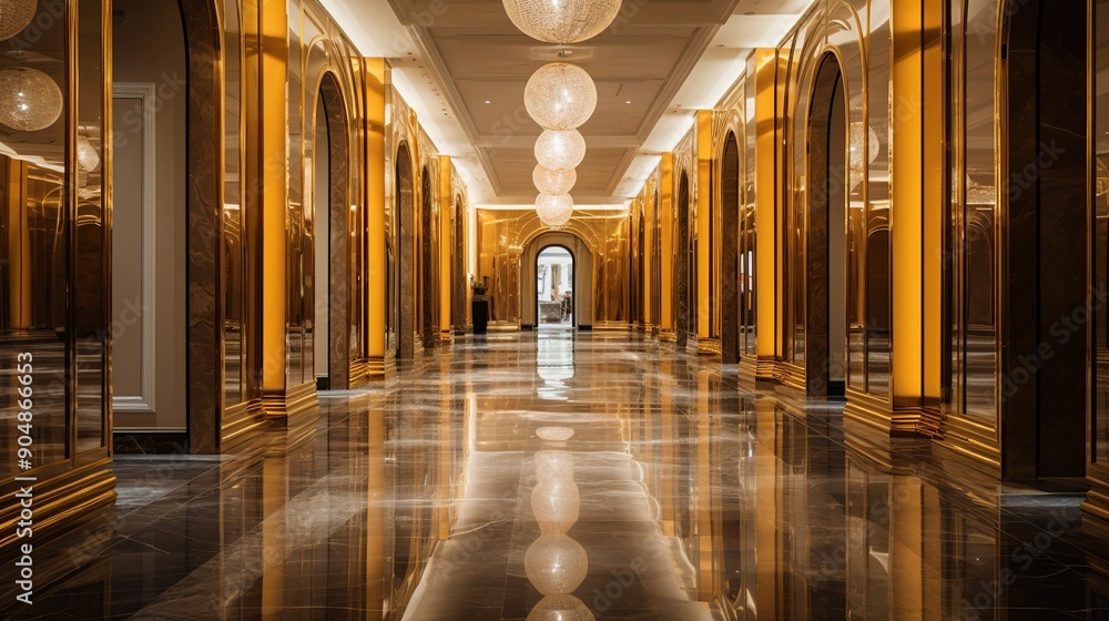 Fototapeta premium Golden Hallway with Mirrored Walls and Chandelier