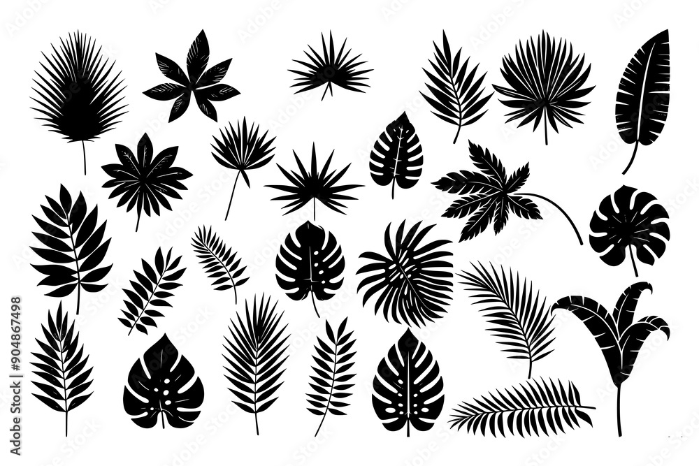 Elegant set of tropical palm leaf silhouettes in vector format. Ideal for use in beach-themed graphics, tropical backgrounds, and nature designs. High-quality and versatile. Elegant set of tropical palm leaf silhouettes in vector format. Ideal for use in beach-themed graphics, tropical backgrounds, and nature designs. High-quality and versatile.