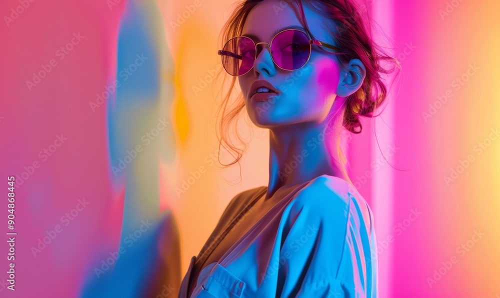 Stylish young woman posing in neon light, glamorous fashionable portrait Stylish young woman posing in neon light, glamorous fashionable portrait