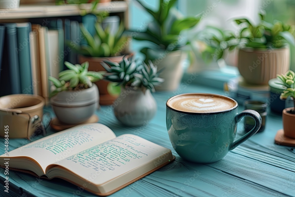 Book is open on a table with a cup of coffee next to it, surrounded by potted plants, including a few succulents Book is open on a table with a cup of coffee next to it, surrounded by potted plants, including a few succulents
