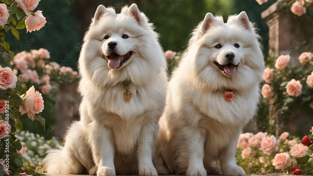 Samoyed dog lovers in rose garden. Romantic valentine background.
Samoyed dog lovers in rose garden. Romantic valentine background.
