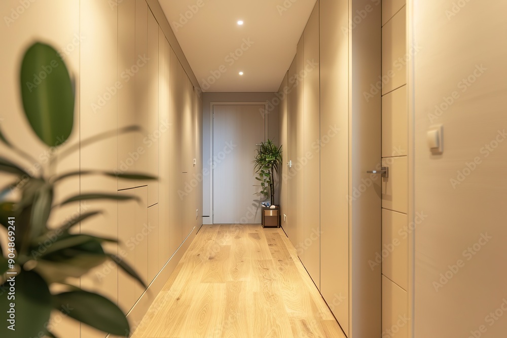 Fototapeta premium Warm toned corridor with wooden floor and plant