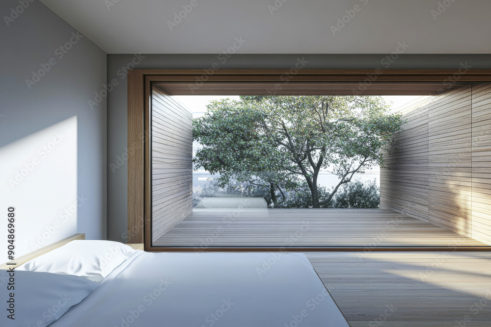 Fototapeta premium Large window in a luxury property room with minimal furniture and beige wall panels. Residential realty interiors with minimalist furniture.