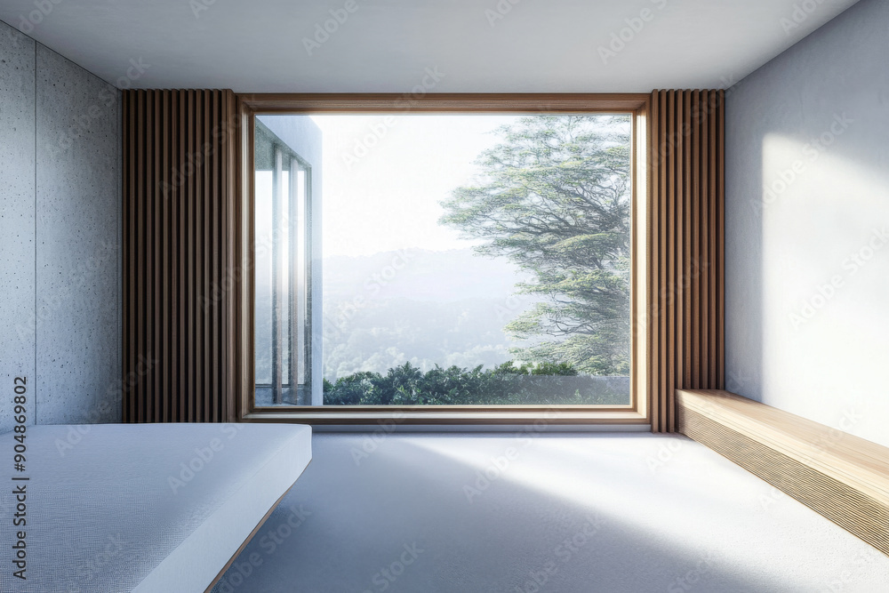 Large window in a luxury property room with minimal furniture and beige wall panels. Residential realty interiors with minimalist furniture. Large window in a luxury property room with minimal furniture and beige wall panels. Residential realty interiors with minimalist furniture.