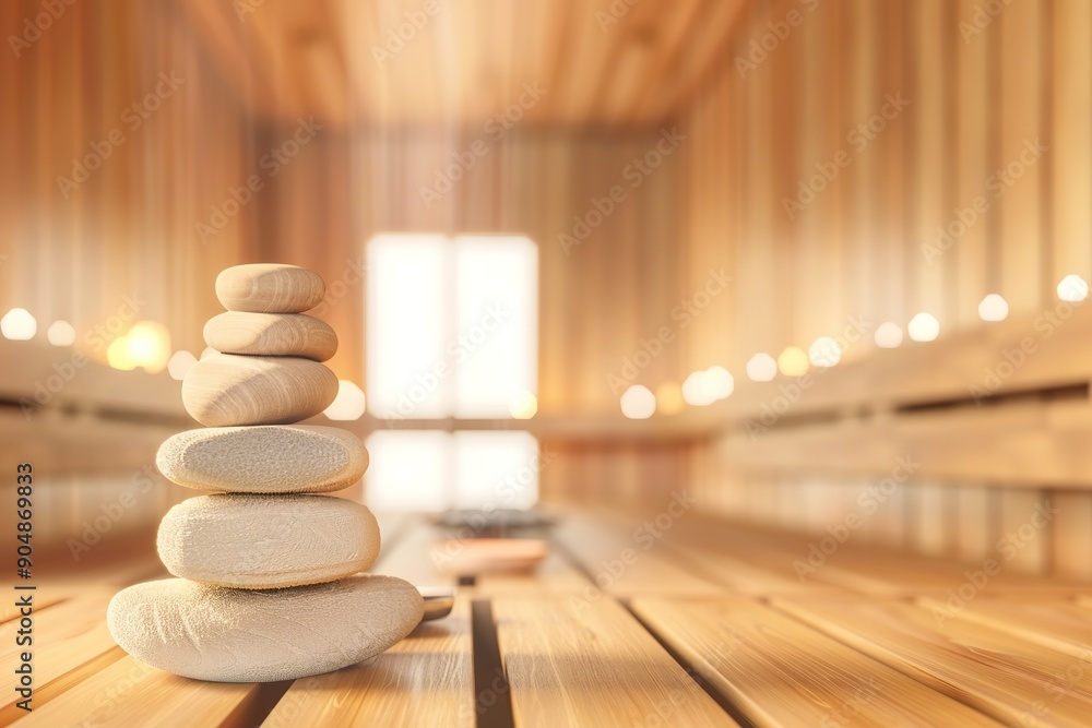 Zen stones in serene sauna room, warmth, and wellbeing concept