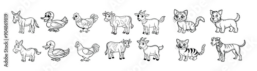 A set of domestic animals horse, duck, cow, hen, goat, dog, cat on white background