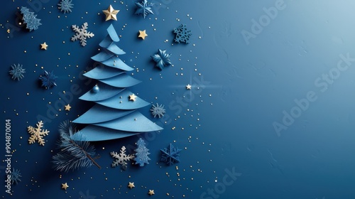 minimalistic, elegant Christmas background, cut-out chirstmas tree on blue background with stars photo