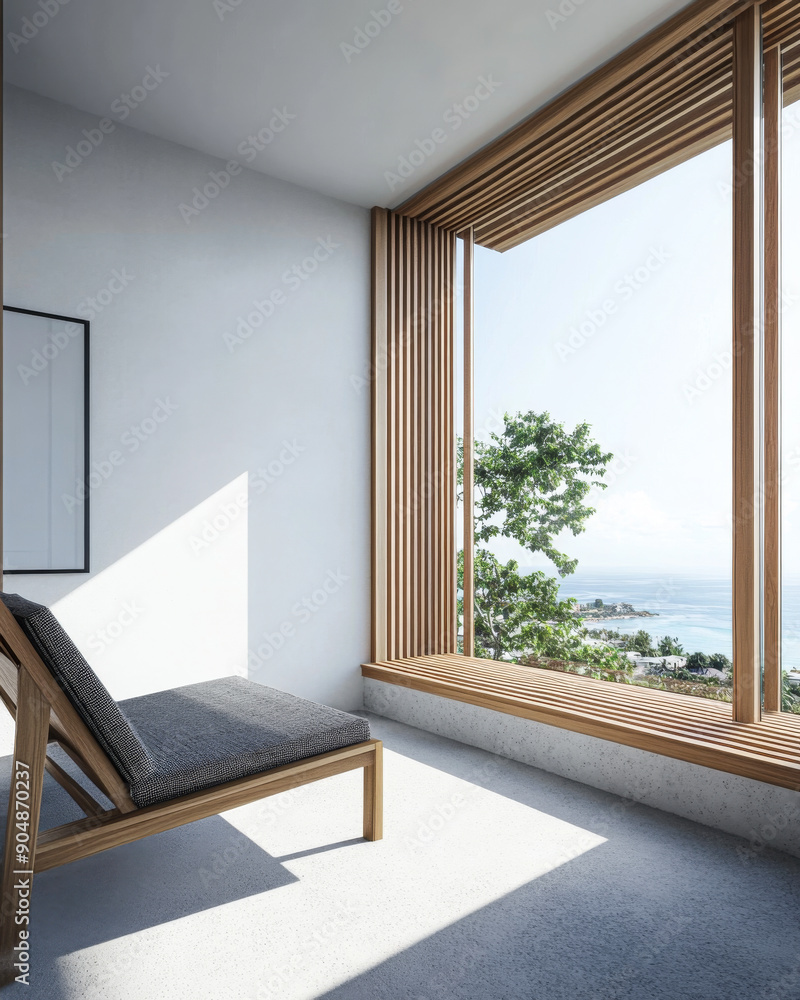 Fototapeta premium Large window in a luxury property room with minimal furniture and beige wall panels. Residential realty interiors with minimalist furniture.