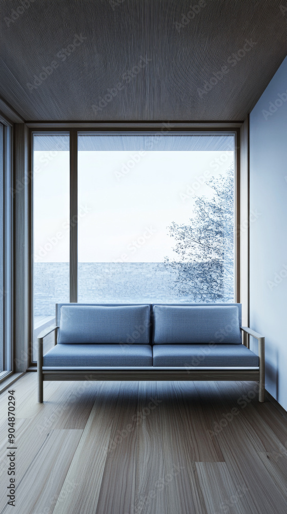 Fototapeta premium Large window in a luxury property room with minimal furniture and beige wall panels. Residential realty interiors with minimalist furniture.