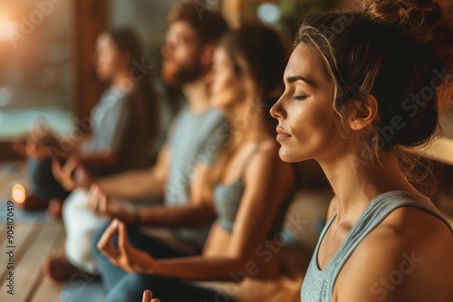 Group practicing meditation in sauna for wellness