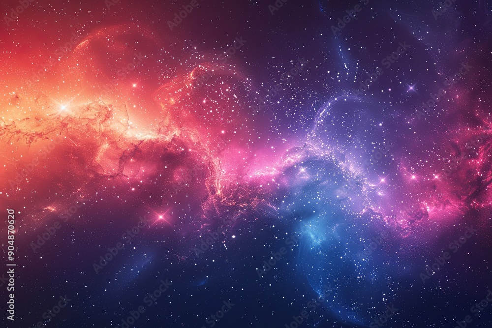 Blue, red, pink and purple galaxy with stars are scattered throughout the image