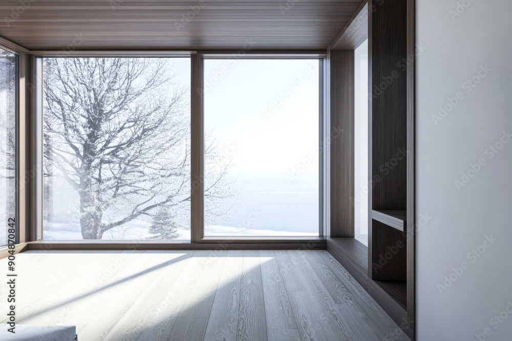 Fototapeta premium Large window in a luxury property room with minimal furniture and beige wall panels. Residential realty interiors with minimalist furniture.