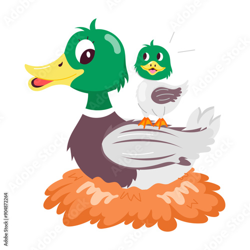 Cartoon style sticker of mama duck with baby 

