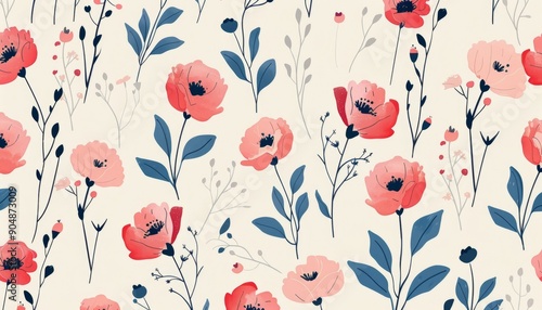 Elegant Watercolor Floral Pattern with Pink Blossoms and Leaves