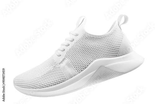 White sneakers with a sleek design and a comfortable knit upper, isolated on a white background.