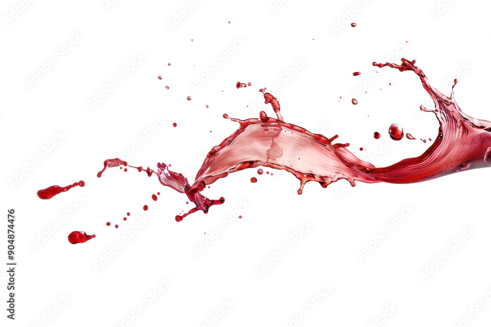 Naklejka premium Red wine splashes gracefully in the air. Wine drops floating in mid-air, isolated on a white background.
