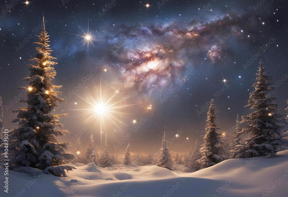 Magical Winter Night Landscape with Cabin and starry night, Suitable for Travel and Adventure Content Magical Winter Night Landscape with Cabin and starry night, Suitable for Travel and Adventure Content