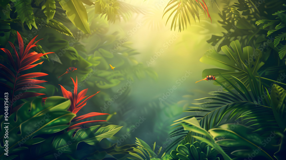 Jungle vibes with dense foliage, jungle with exotic plants and vibrant flowers background,generative ai Jungle vibes with dense foliage, jungle with exotic plants and vibrant flowers background,generative ai