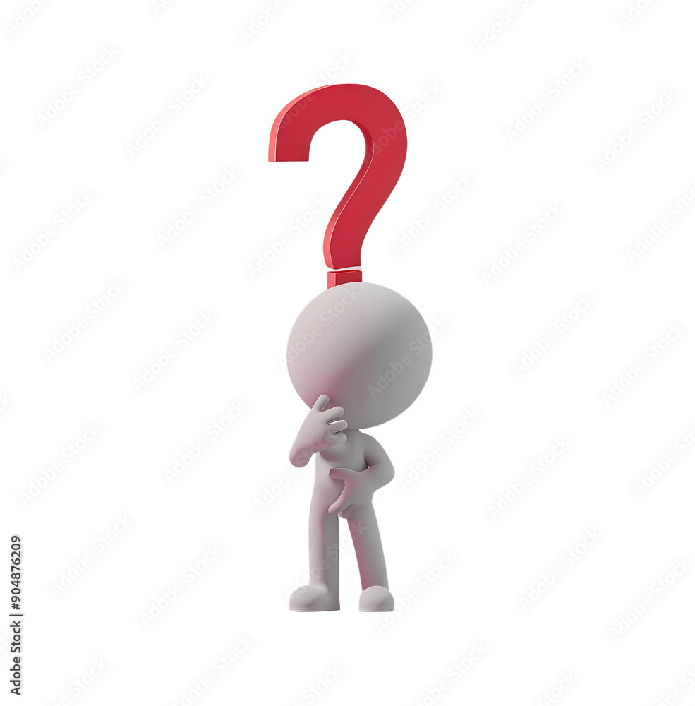 3D icon of a red question mark with a thinking person on transparent background 3D icon of a red question mark with a thinking person on transparent background