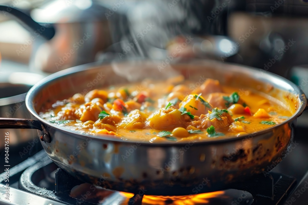A pot of curry cooking on a stovetop, emitting fragrant aromas as it simmers, Fragrant bowl of curry simmering on a stovetop A pot of curry cooking on a stovetop, emitting fragrant aromas as it simmers, Fragrant bowl of curry simmering on a stovetop