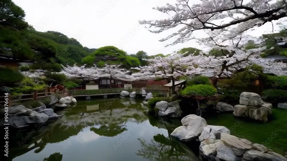 A serene garden scene featuring a pond surrounded by cherry blossoms and greenery, evoking tranquility and natural beauty A serene garden scene featuring a pond surrounded by cherry blossoms and greenery, evoking tranquility and natural beauty