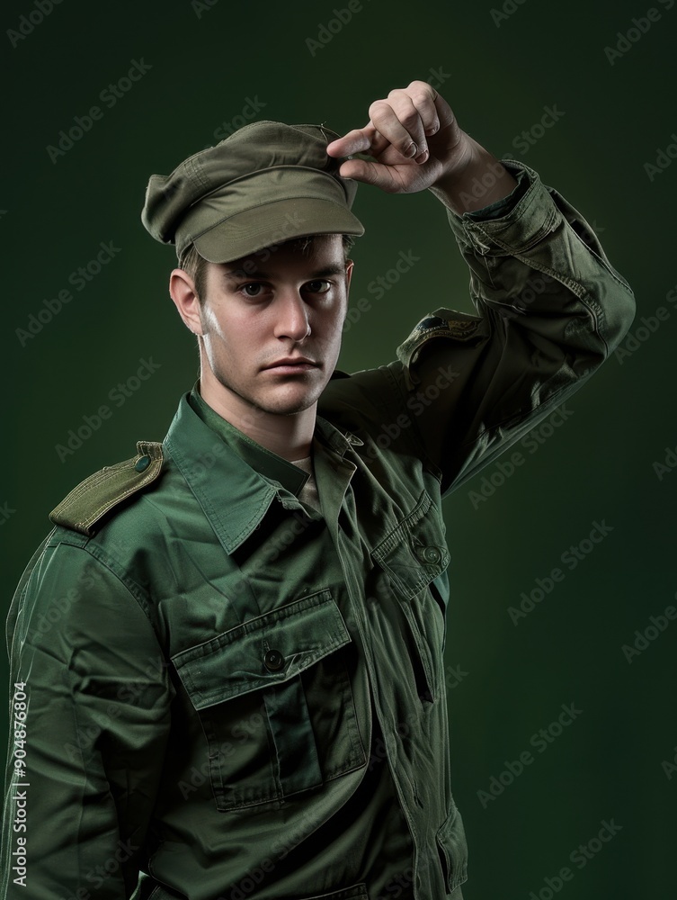 Obraz premium Brave Soldier in Uniform with Determined Salute on Dark Green Background for Military Concept - Copyspace on Left.