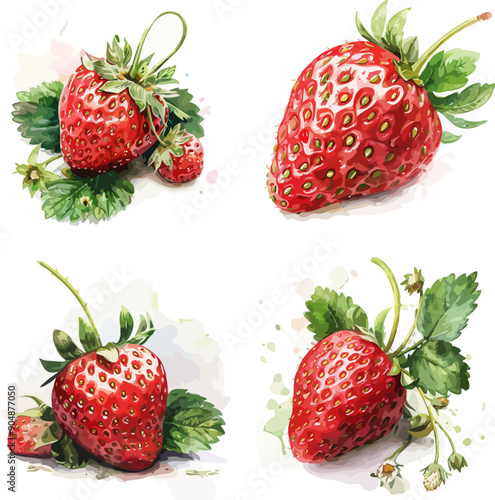 Strawberry Set Watercolor Design Vector Illustration.