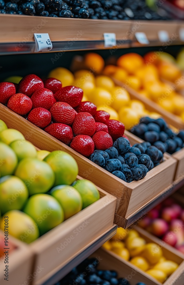 Fresh fruits in wooden crates on a supermarket shelf, blurred background of more fruit displays Fresh fruits in wooden crates on a supermarket shelf, blurred background of more fruit displays