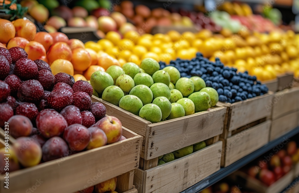 Fresh fruits in wooden crates on a supermarket shelf, blurred background of more fruit displays Fresh fruits in wooden crates on a supermarket shelf, blurred background of more fruit displays