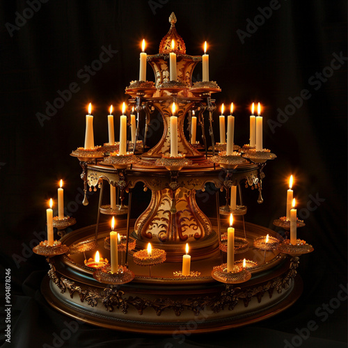 Candlestick with many lit candles, black background, candle carousel photo