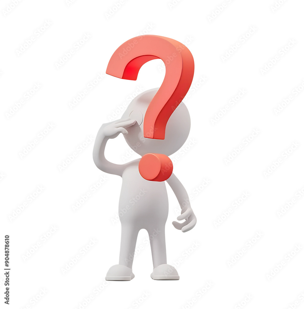 3D icon of a red question mark with a thinking person on transparent background 3D icon of a red question mark with a thinking person on transparent background