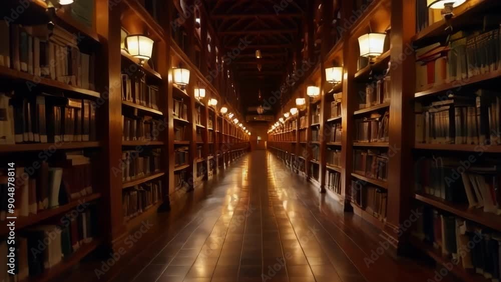 A serene library corridor, featuring rows of books and warm lighting, evoking a tranquil atmosphere for study and exploration A serene library corridor, featuring rows of books and warm lighting, evoking a tranquil atmosphere for study and exploration