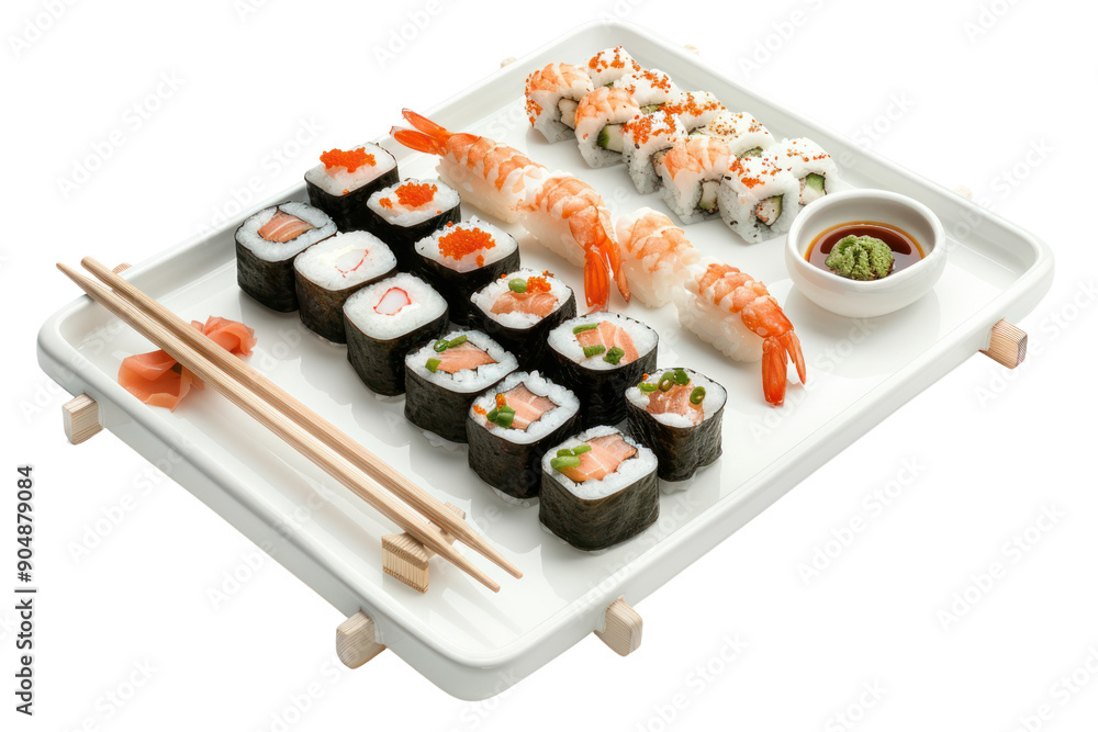 Bright photo of a shrimp sushi plate with various shrimp sushi patterns, isolated on a white background. Bright photo of a shrimp sushi plate with various shrimp sushi patterns, isolated on a white background.