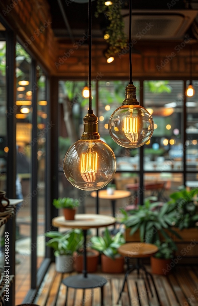 Obraz premium Vintage hanging light bulbs create a retro ambiance in a coffee shop with stylish interior design