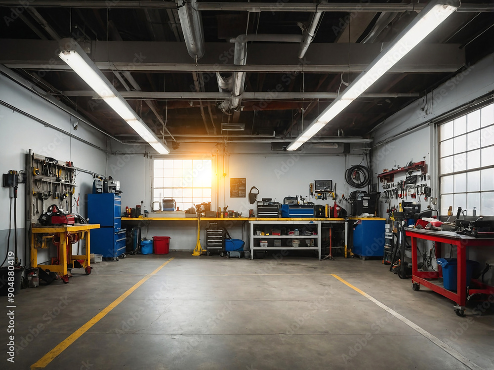 Car repair shop or craftsman garage with sunlight , Car maintenance service concept , AI Generated Car repair shop or craftsman garage with sunlight , Car maintenance service concept , AI Generated