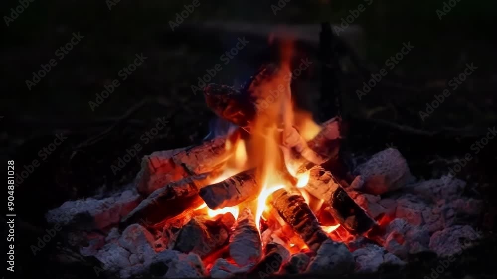 A warm campfire flickers in the night, creating a cozy atmosphere ideal for gatherings and storytelling in the wilderness A warm campfire flickers in the night, creating a cozy atmosphere ideal for gatherings and storytelling in the wilderness