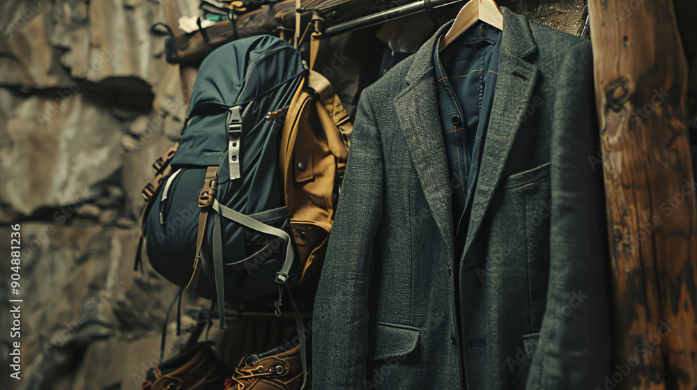 Stylish Suit Hanging Alongside Outdoor Gear in Rustic Cabin Interior Stylish Suit Hanging Alongside Outdoor Gear in Rustic Cabin Interior